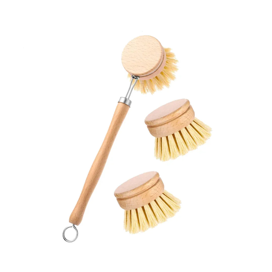 Sustainable wooden dish brush with bamboo handle and sisal bristles, eco-friendly kitchen cleaning tool.