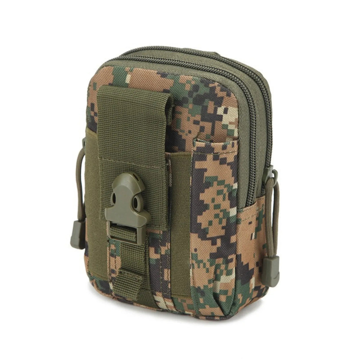 Black tactical MOLLE waist bag attached to belt, showing compact design.