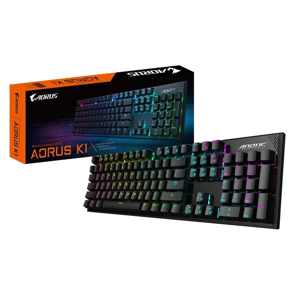 GIGABYTE AORUS K1 mechanical keyboard with Cherry Red switches and vibrant RGB Fusion lighting in neonpunk style