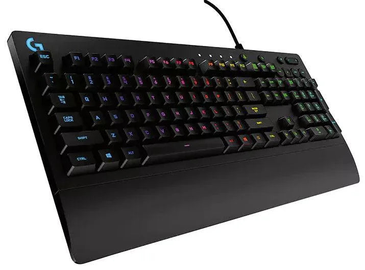 LOGITECH G213 Prodigy RGB gaming keyboard with backlit keys showing vibrant multicolor lighting