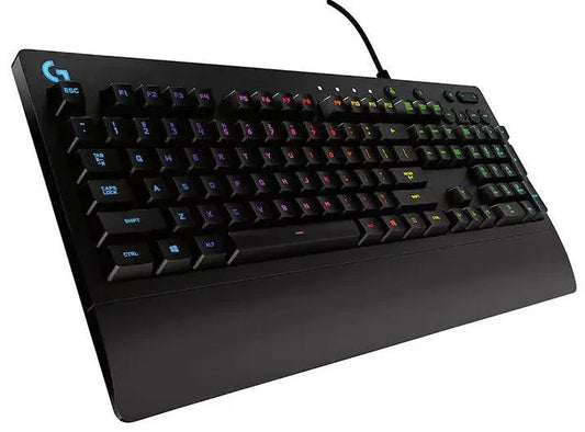 LOGITECH G213 Prodigy RGB gaming keyboard with backlit keys showing vibrant multicolor lighting