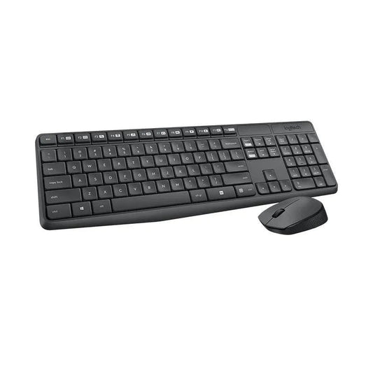 Logitech MK235 wireless keyboard and mouse combo shown on white background with keyboard angled
