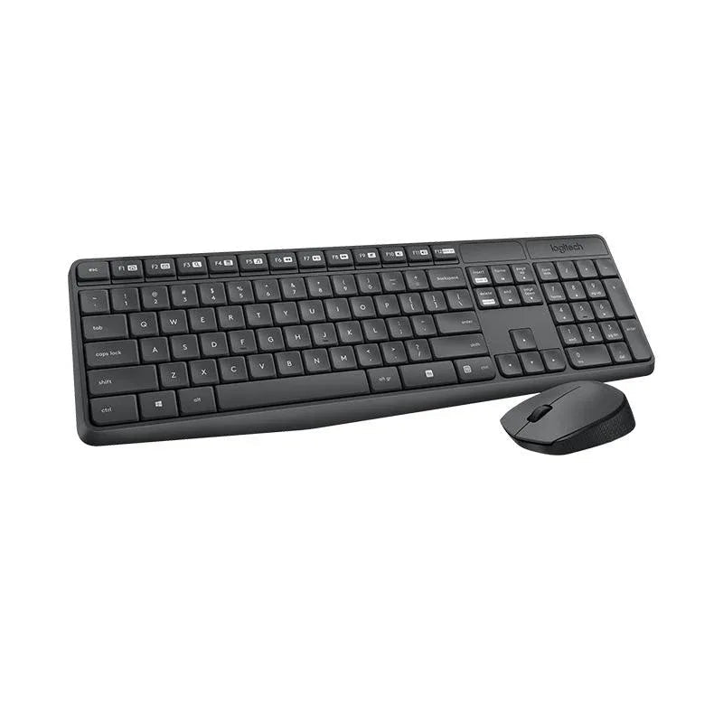 Logitech MK235 wireless keyboard and mouse combo shown on white background with keyboard angled