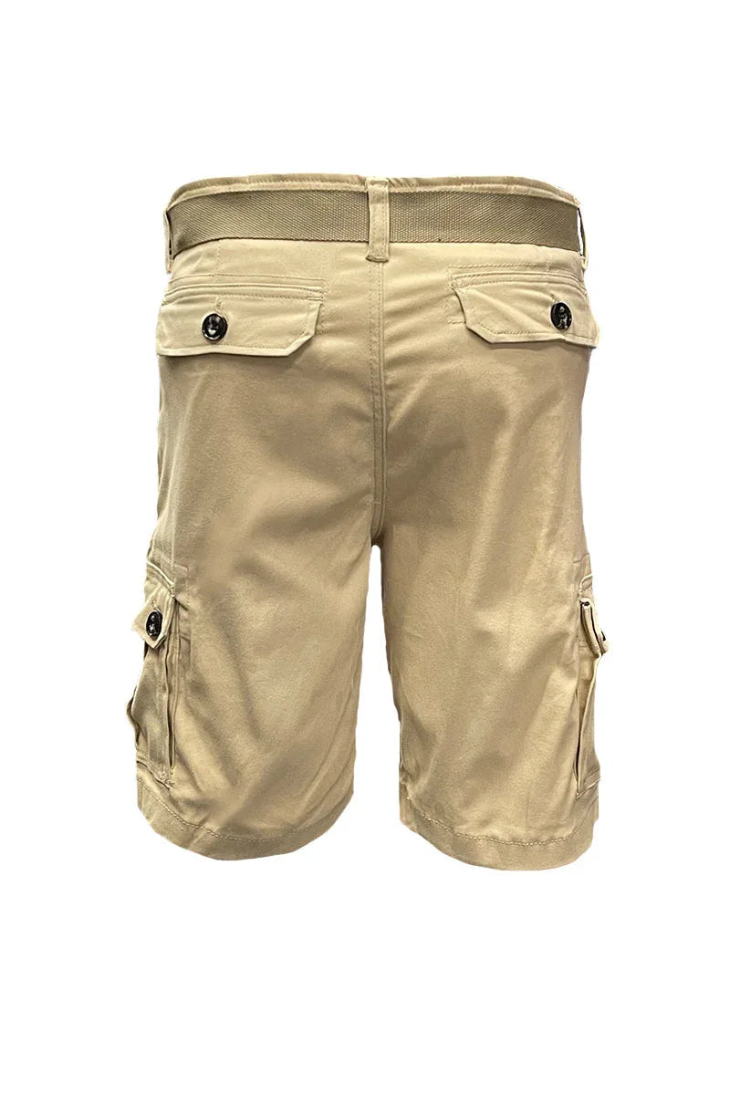 Back view of men's khaki belted cargo shorts showcasing back pocket details.