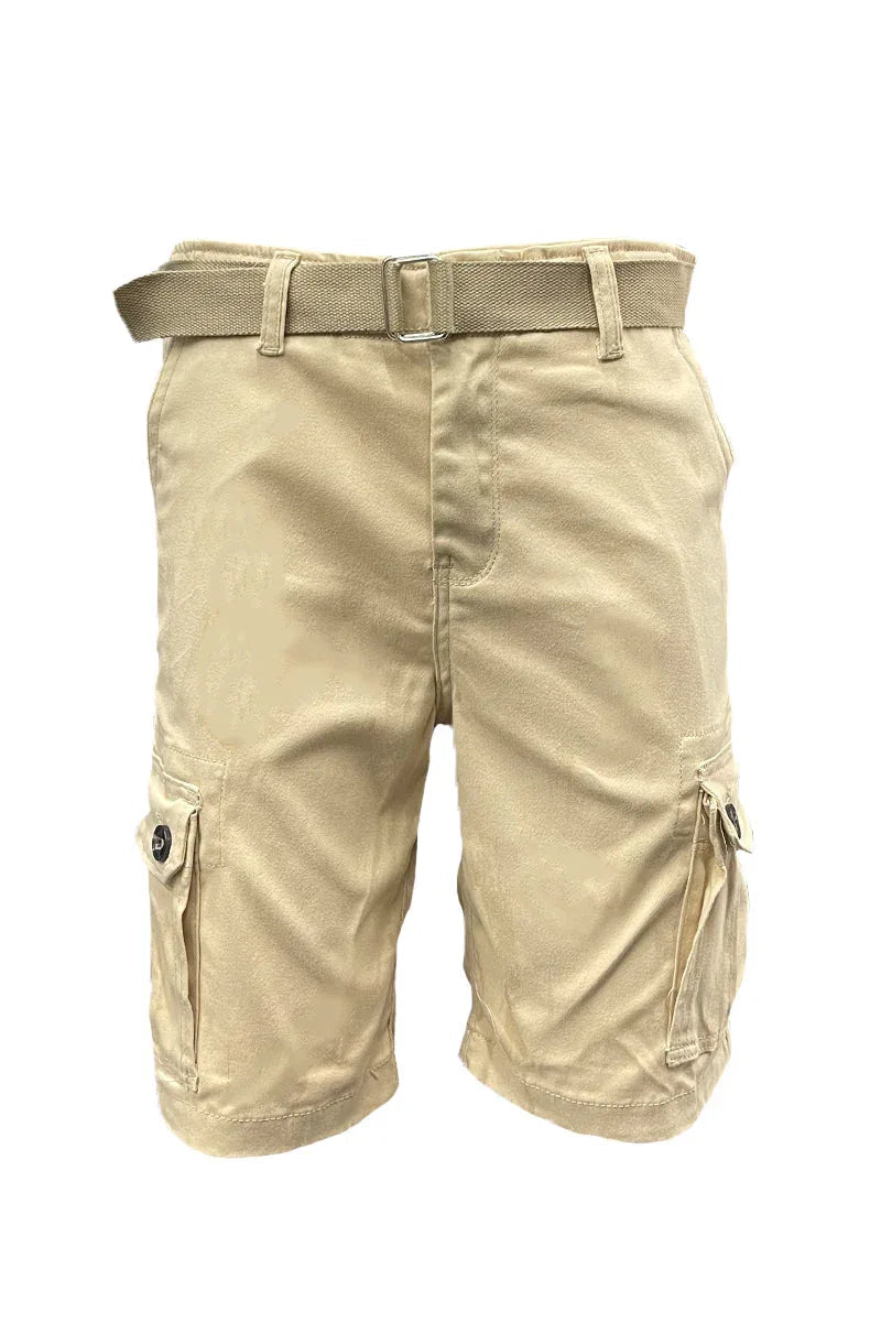 Men's khaki cargo shorts displayed flat, focusing on fabric texture and belt loops.