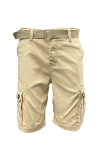 Men's khaki cargo shorts displayed flat, focusing on fabric texture and belt loops.