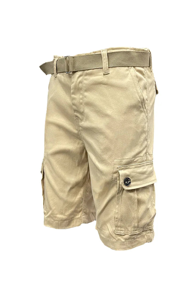 Front view of men's khaki cargo shorts featuring buckle belt and side pockets.