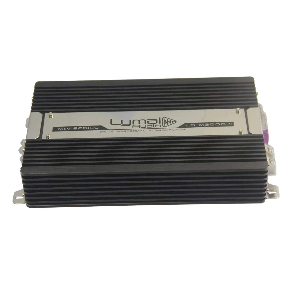 LA-M2000.4 2000W 4-channel car amplifier, front view showing control dials and heat sink fins.