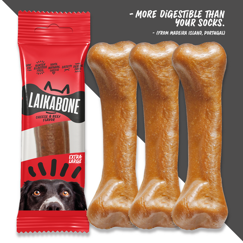 Extra-large LAIKA BONE cheese and beef dog chew shown for size comparison