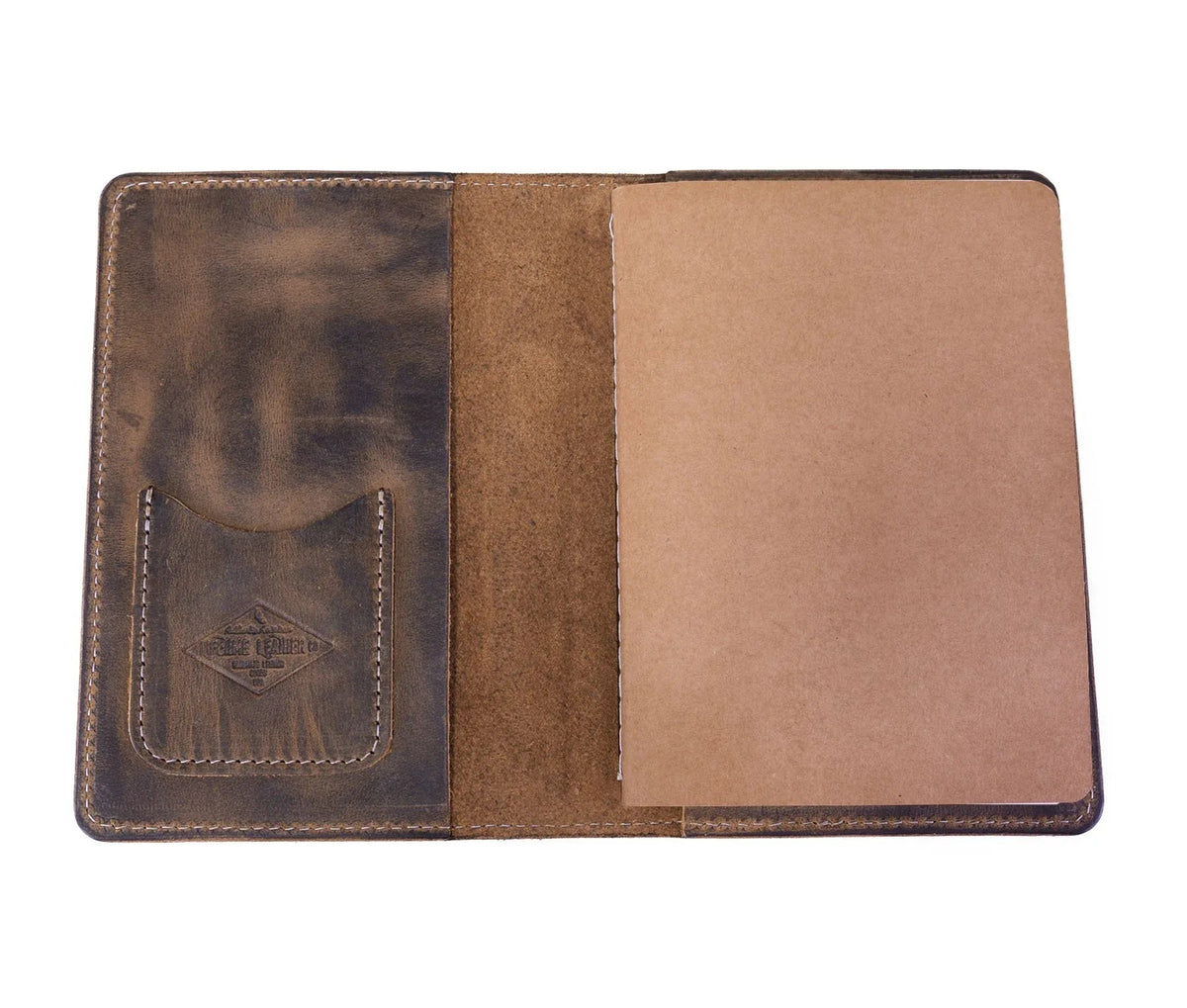 Interior view of leather journal showing two large pockets and card sleeve