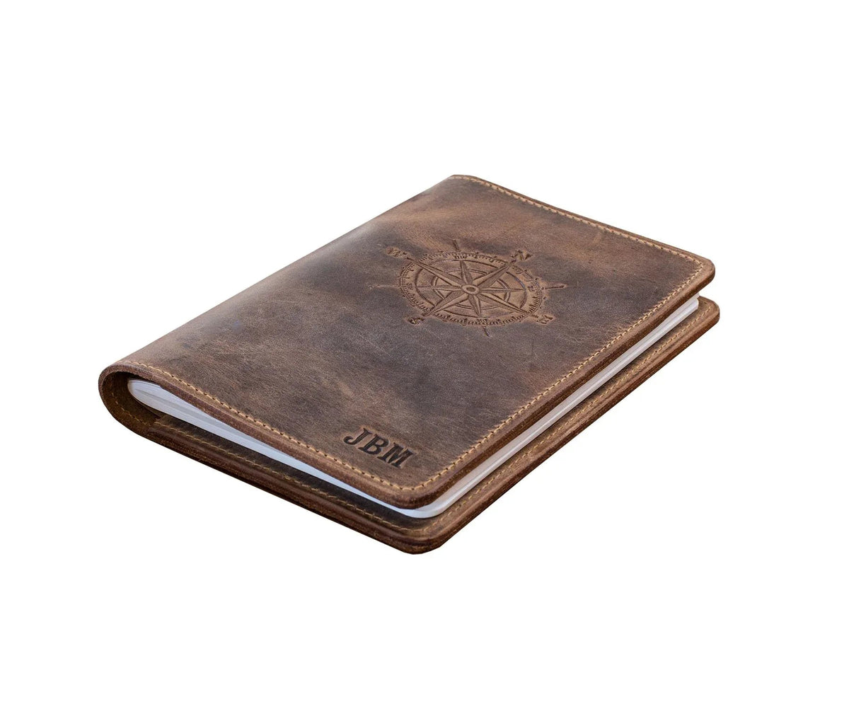 Side view of handcrafted genuine leather journal with Old West design and clean finish