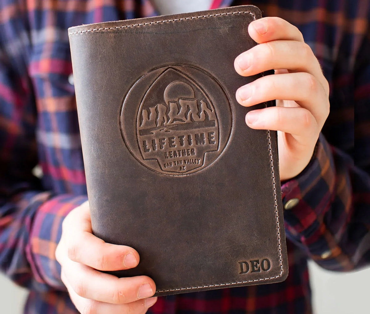 River Stone leather journal closed, showcasing smooth full grain texture