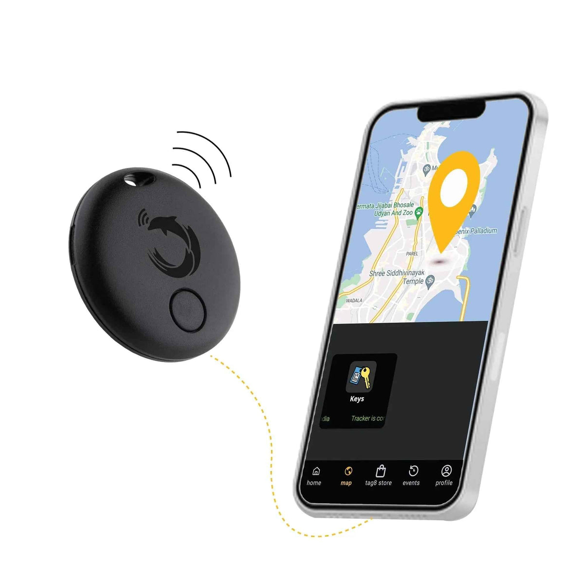 Close-up of Dolphin Pro smart tracker keychain with circular design and keyring attached