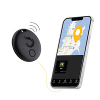 Close-up of Dolphin Pro smart tracker keychain with circular design and keyring attached