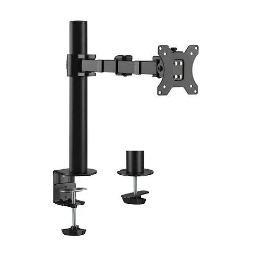 BRATECK articulating steel monitor arm mounted on a desk with cable management and adjustable tilt and swivel features