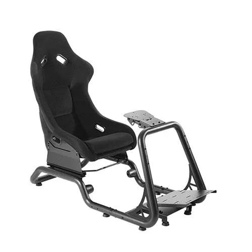 Black premium racing simulator cockpit seat with steel frame and adjustable mounts for wheel setup