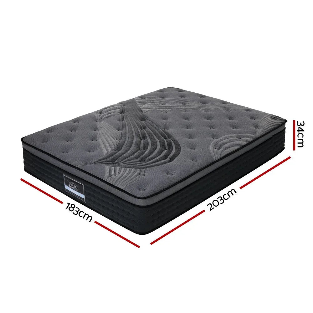 Close-up side view of thick 34cm Euro Top mattress showing plush padding and textured cover.