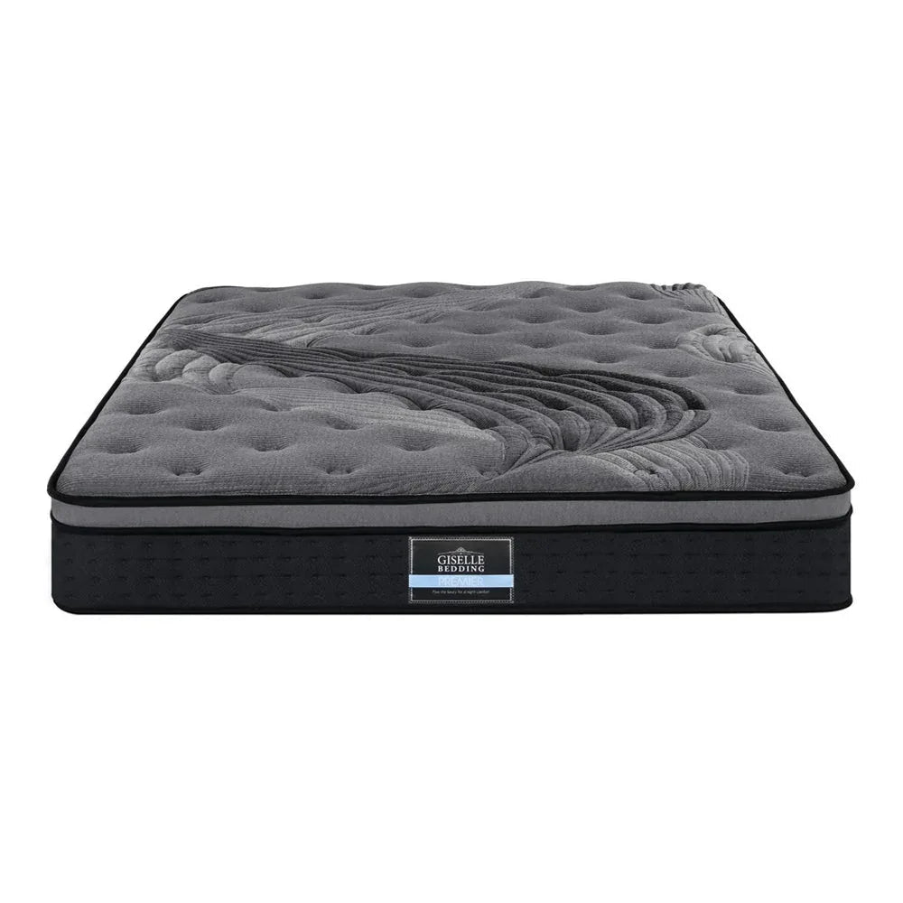 Top down view of black Euro Top mattress highlighting smooth fabric and coil system beneath.