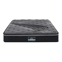 Top down view of black Euro Top mattress highlighting smooth fabric and coil system beneath.
