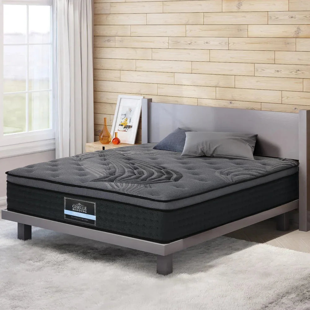 Black Euro Top mattress angled to show overall thickness and plush top layers.