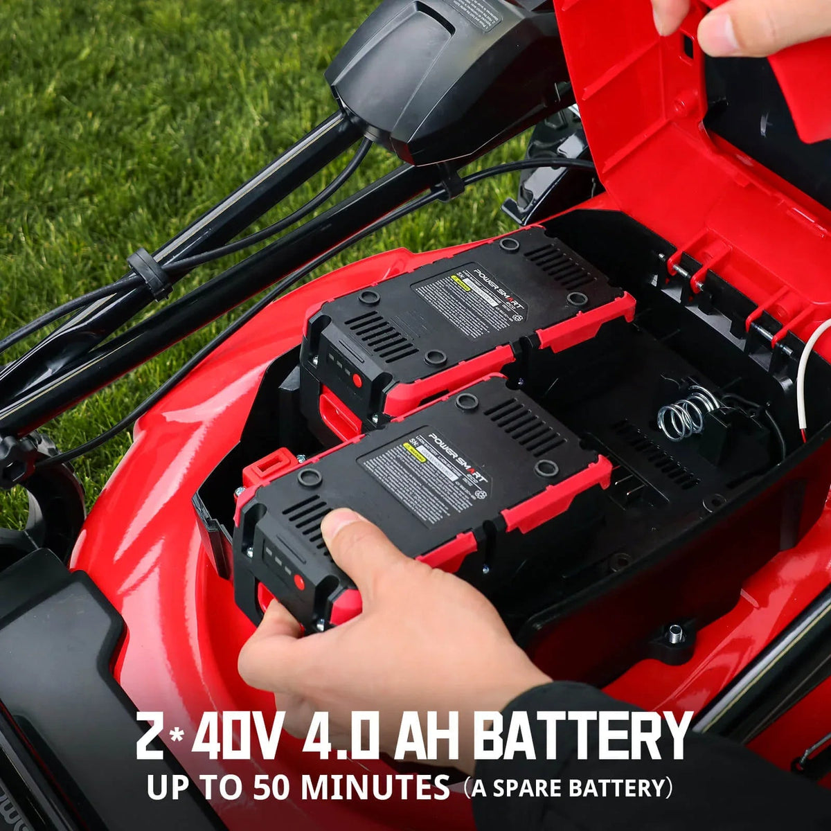 Lawn mower folding for compact storage highlighting space-saving feature