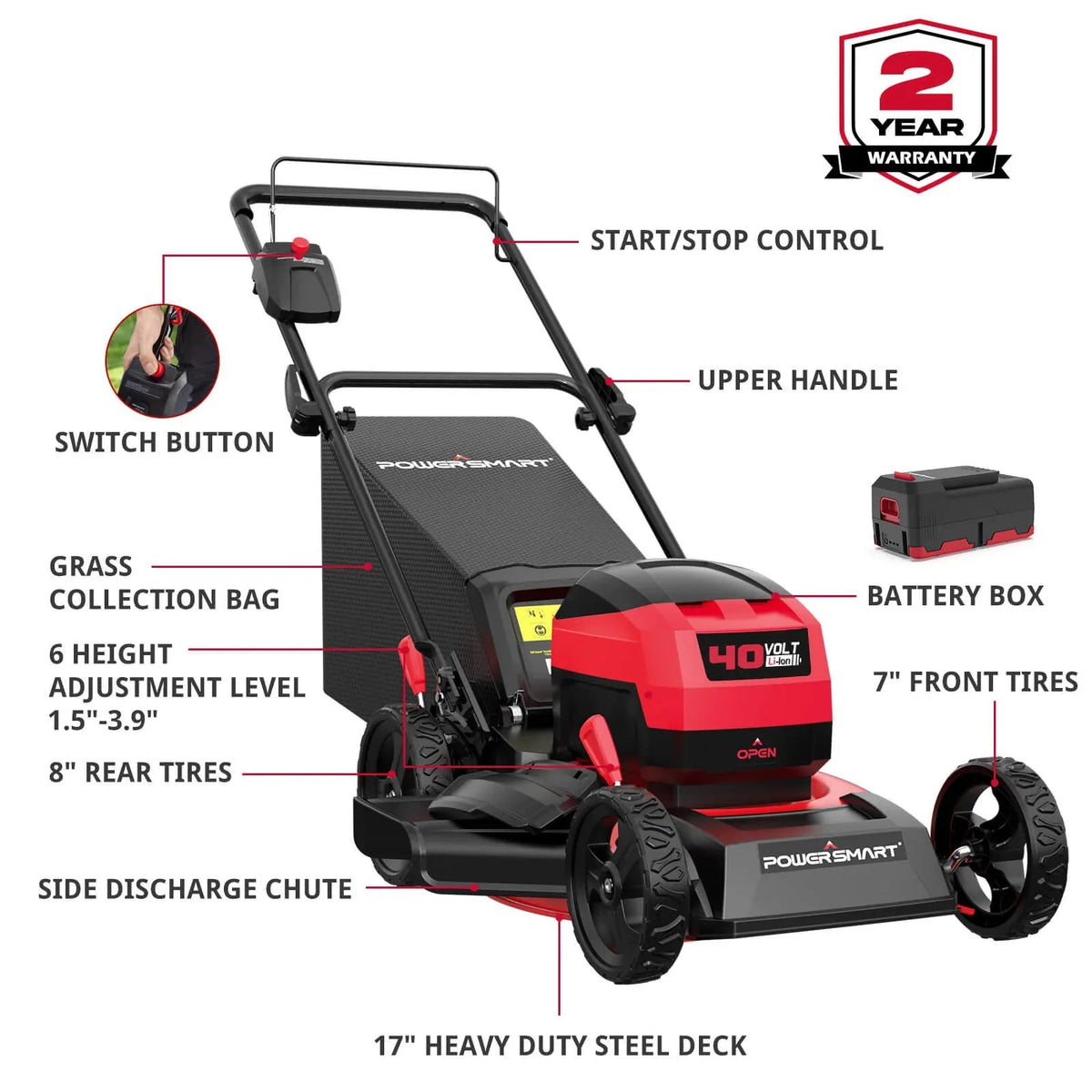 Close-up of lawn mower deck showing 6-position height adjustment lever.