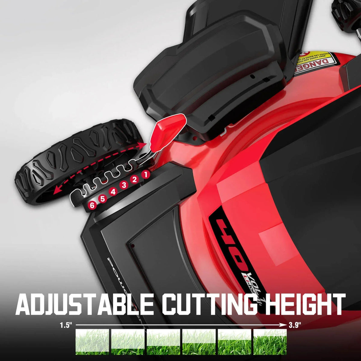 Cordless lawn mower showing deck and rear wheels on pavement