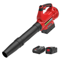 450CFM cordless leaf blower with ergonomic handle and battery attached against white background.