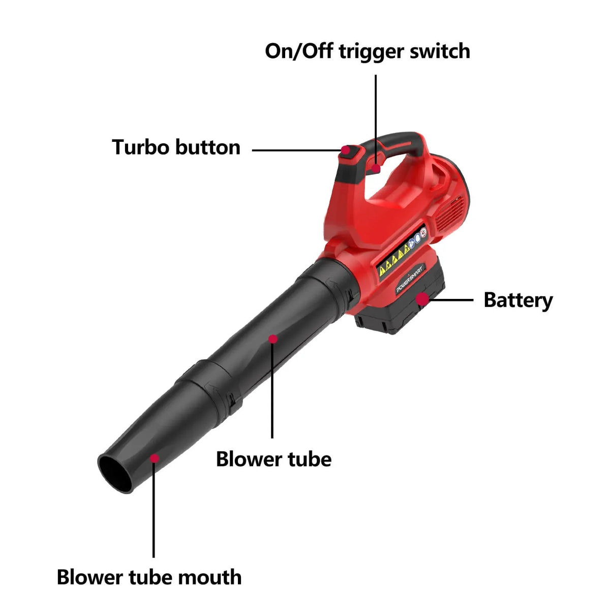 Close-up of leaf blower's nozzle and air intake vents showing solid construction details.