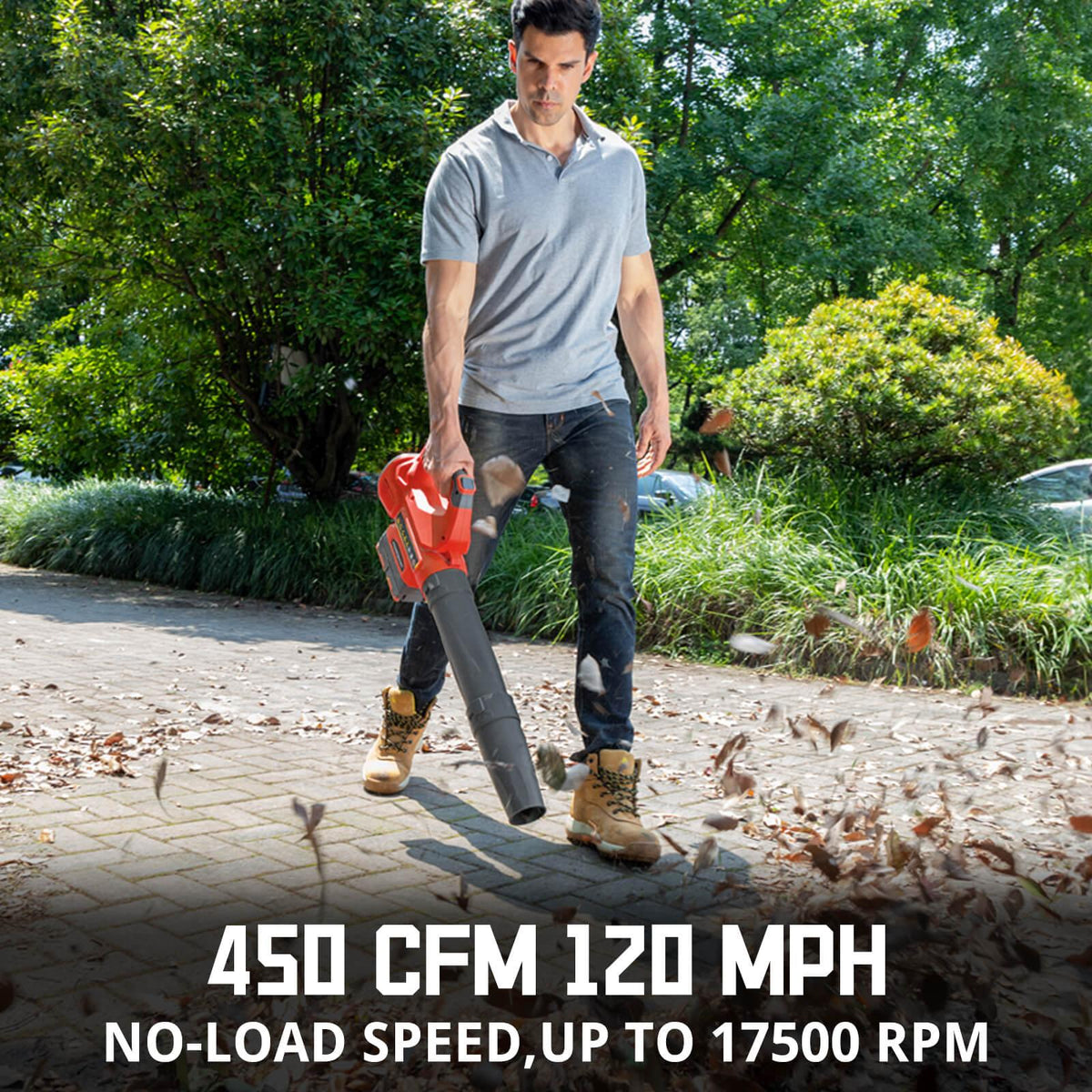 Leaf blower from top angle displaying battery slot and handle grip for ease of use.
