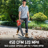 Leaf blower from top angle displaying battery slot and handle grip for ease of use.