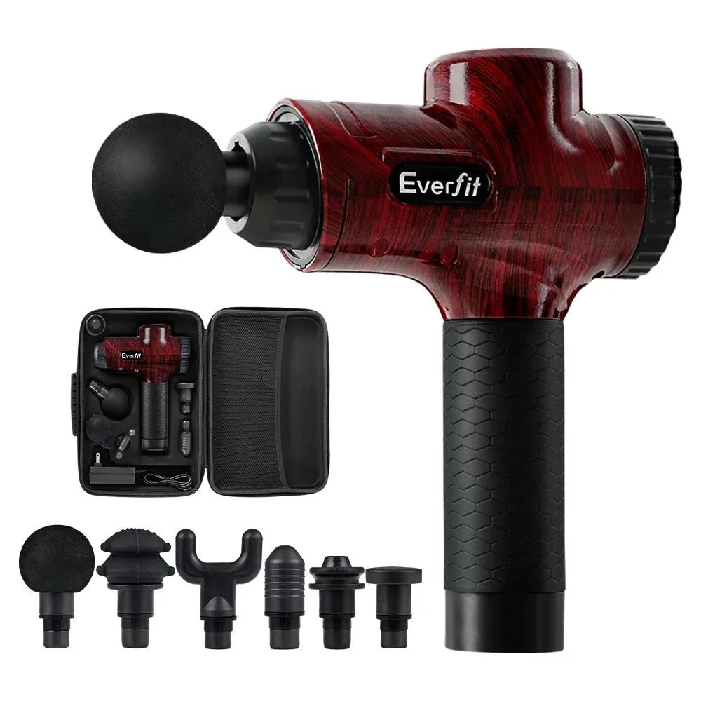 Red Everfit Massage Gun displayed on a white background with six detachable massage heads arranged nearby.