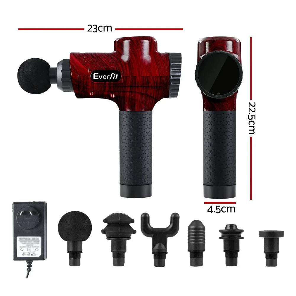 Close-up of the Everfit Massage Gun showing its ergonomic handle and digital LCD screen.