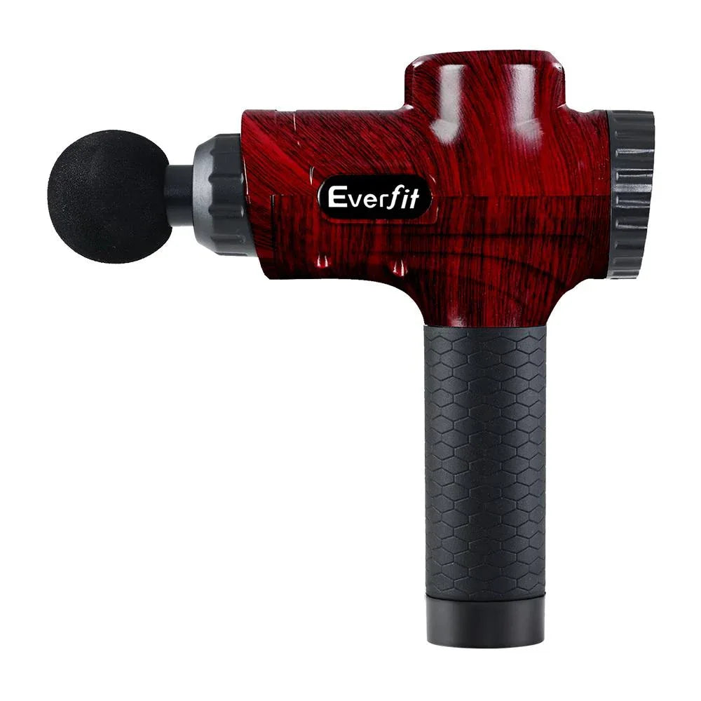 Top view of the massage gun displaying the speed and power settings on its LCD screen.