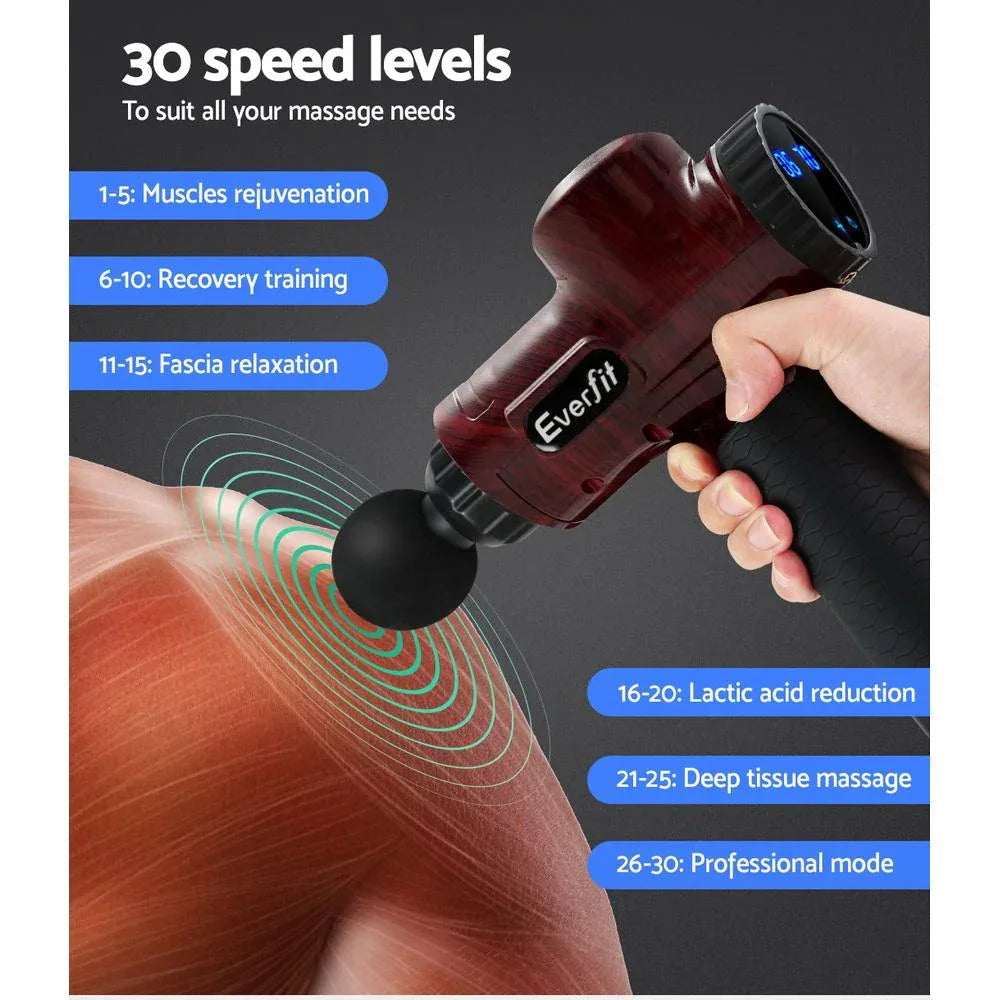 User holding the red Everfit Massage Gun applying pressure to the upper arm.