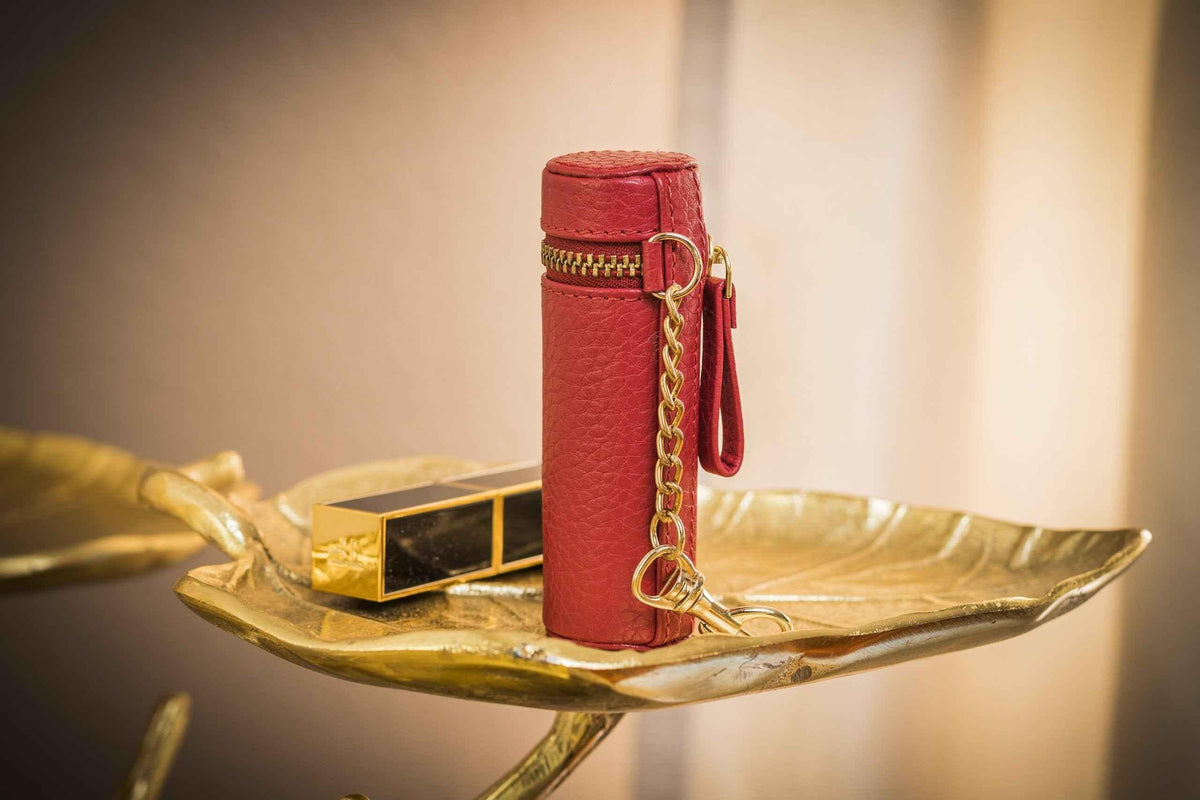 Pebble leather lipstick keeper with zipper, shown from the front