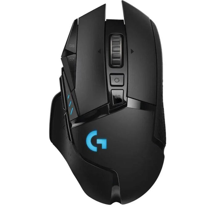 Logitech G502 Lightspeed wireless gaming mouse shown from top angle with RGB lighting on a dark surface.