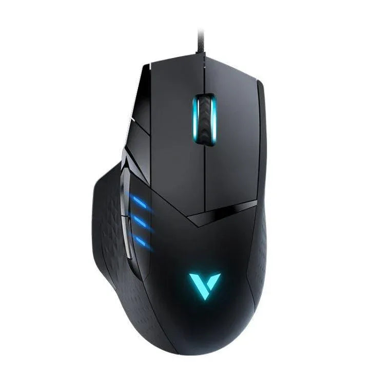 Black ergonomic gaming mouse with RGB lighting and 10 programmable buttons on a white background