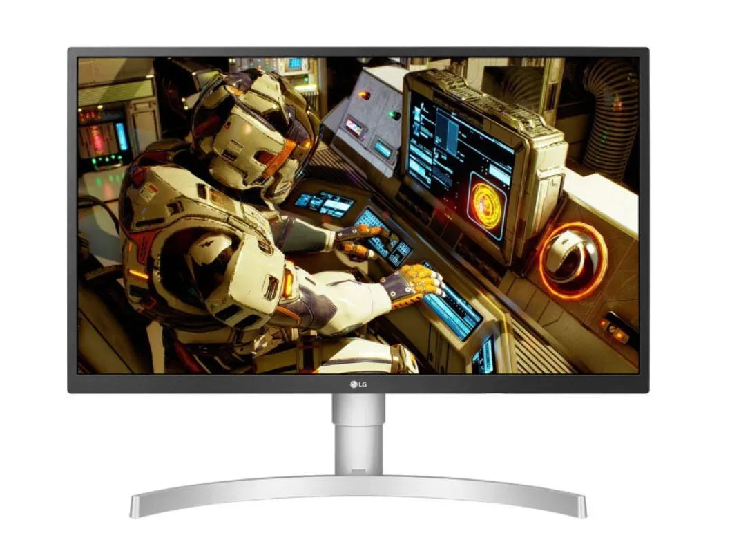 LG 27-inch 4K UHD IPS monitor showing vibrant HDR content with adjustable ergonomic stand in a bright setting