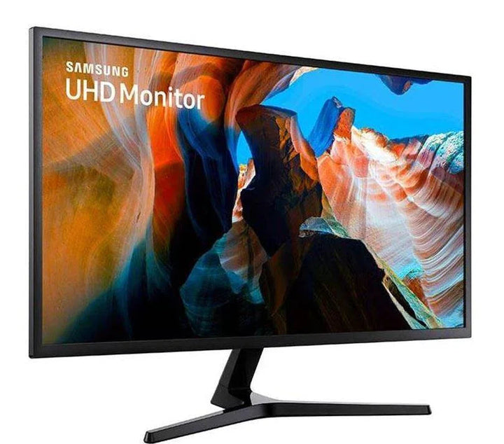 Samsung 32-inch 4K UHD QLED gaming monitor with slim bezels and sleek stand on a white background