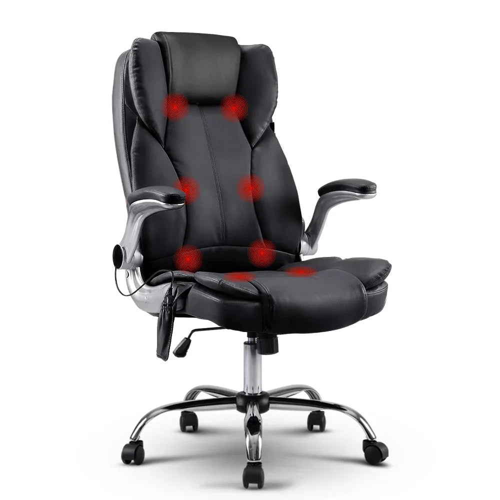 Black high-back massage office chair with sleek PU leather and padded armrests on a white background.