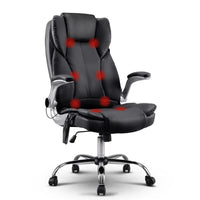 Black high-back massage office chair with sleek PU leather and padded armrests on a white background.