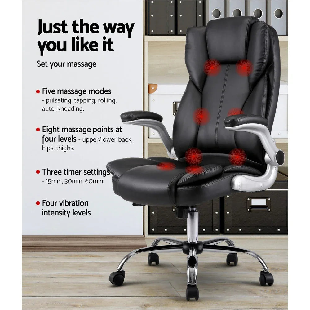 Back angle of black massage chair highlighting stitching details and padded lumbar support.