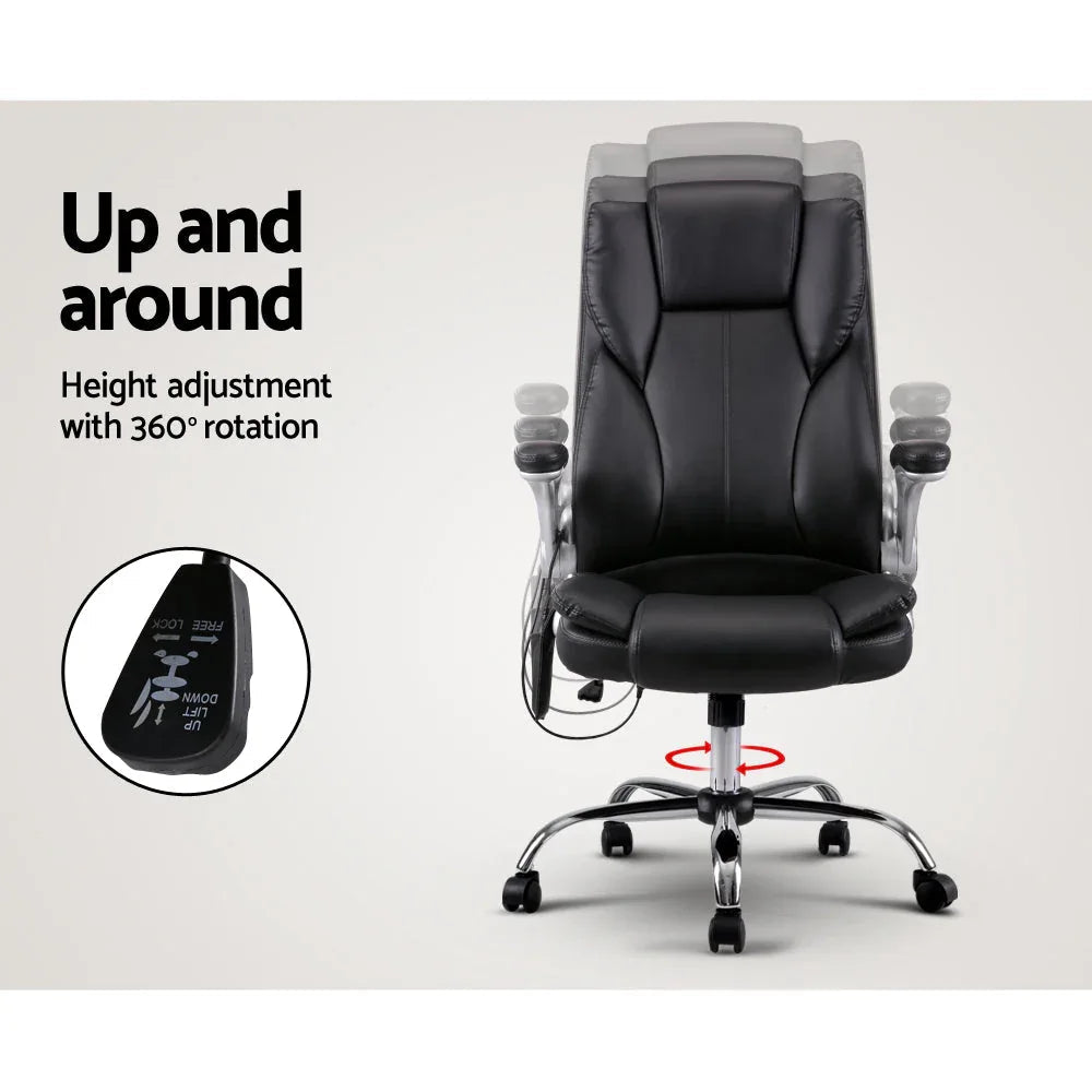 Massage chair powered on with remote control screen displaying massage settings.