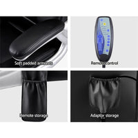 Black PU leather massage chair on caster wheels angled to show seat and backrest.