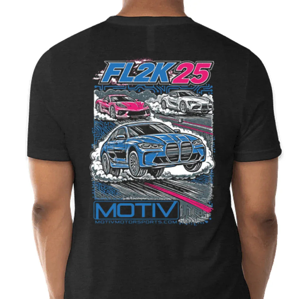 Black heather MOTIV FL2K 2025 shirt back view showing large MOTIV Motorsport logo print.