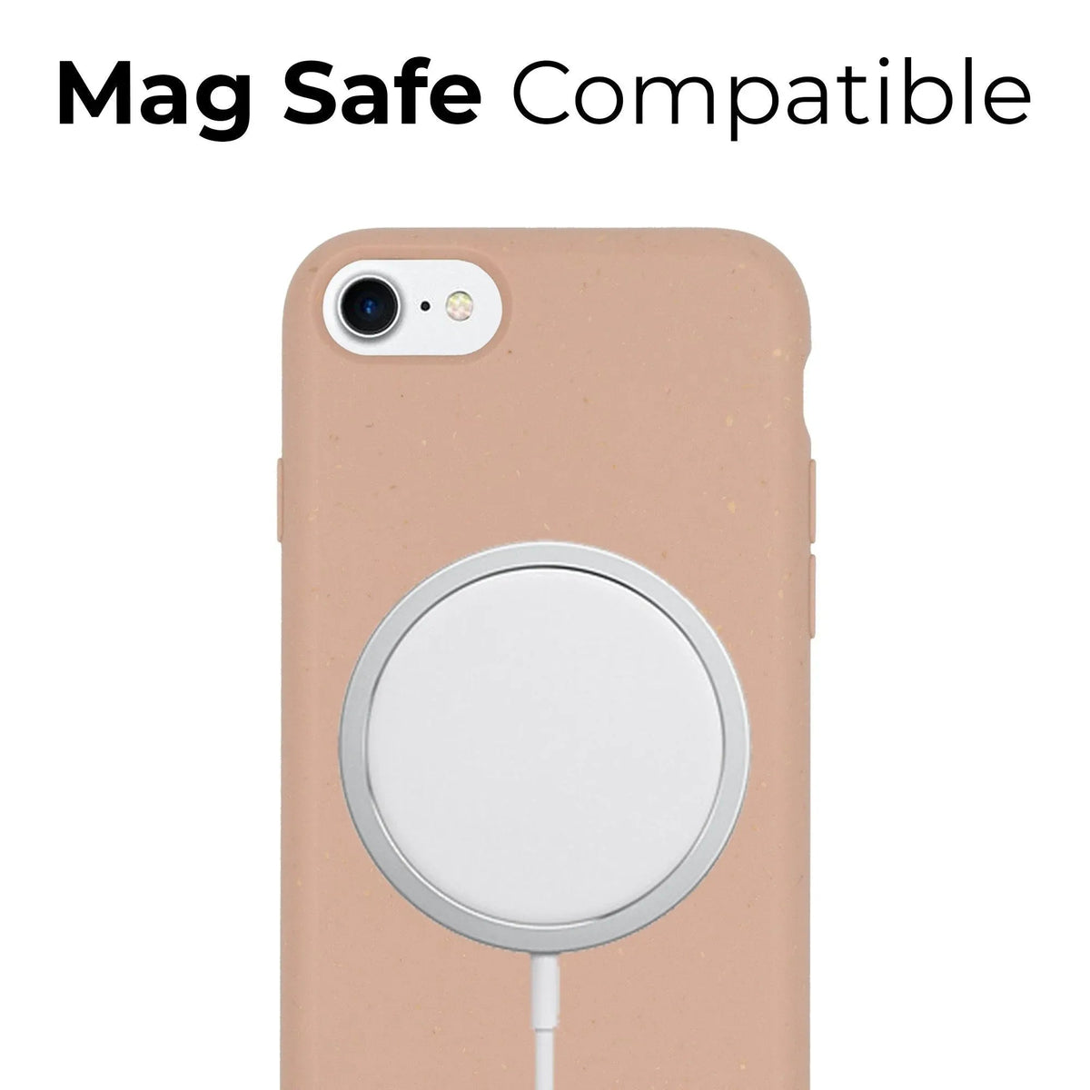 Phone case with pastel pink color supporting MagSafe charging on an iPhone.