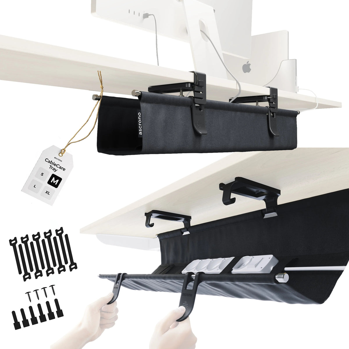 Front view of black Ascrono CableCare Tray emphasizing clean design and cable support features.