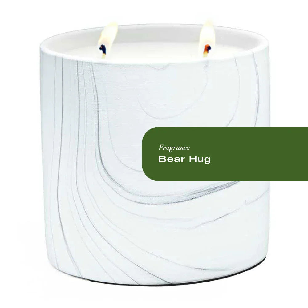 Hand-painted white marble ceramic candle vessel with gray and black swirls, 17oz Bear Hug candle by Sky Erebus.