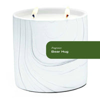 Hand-painted white marble ceramic candle vessel with gray and black swirls, 17oz Bear Hug candle by Sky Erebus.